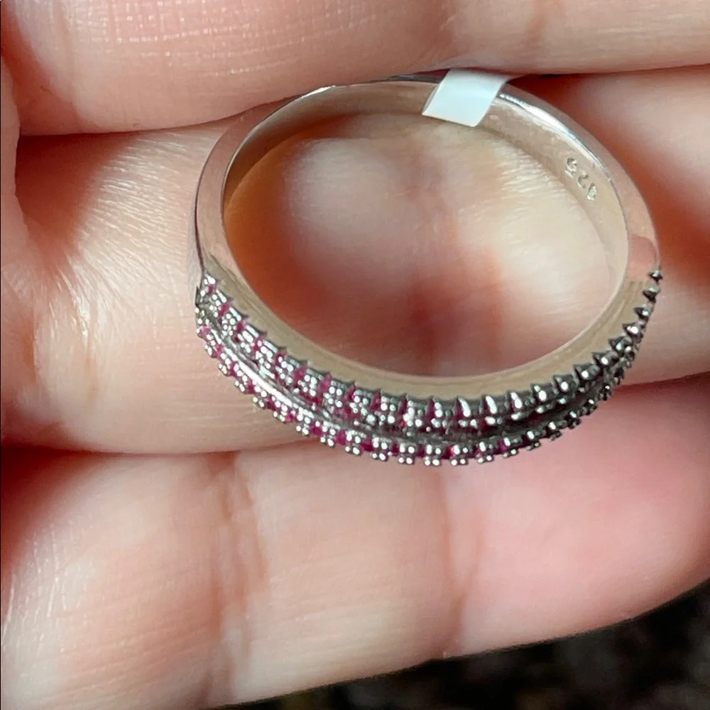 NWT Natural Ruby Half Eternity Ring 925 Silver Size 8 - Picture 5 of 13